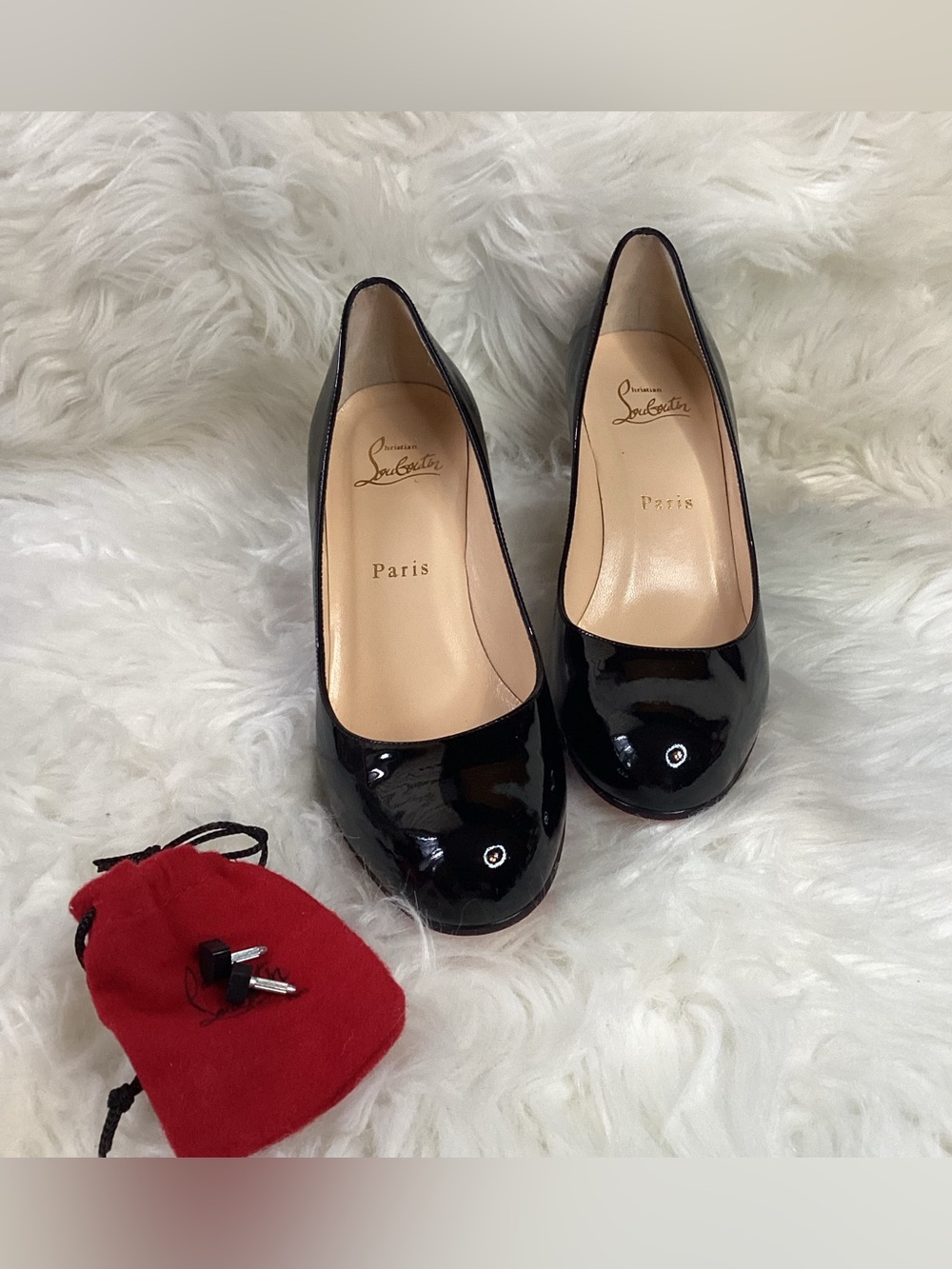 Christian Louboutin Black Patent Leather Round-Toe Pumps